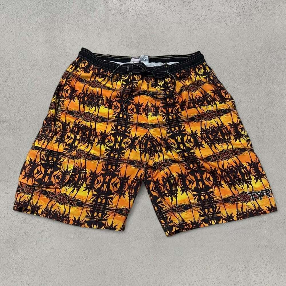 Y2K Large Baggy TYR Vintage Orange Black Tribal Board Shorts Tropical Palm Tree